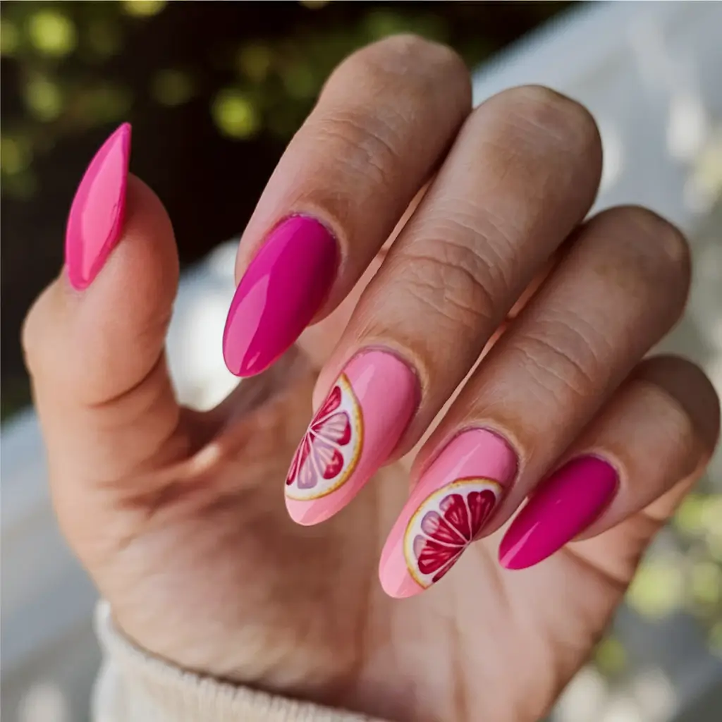 tropical fruit nails Pink Citrus Pop With a Twist