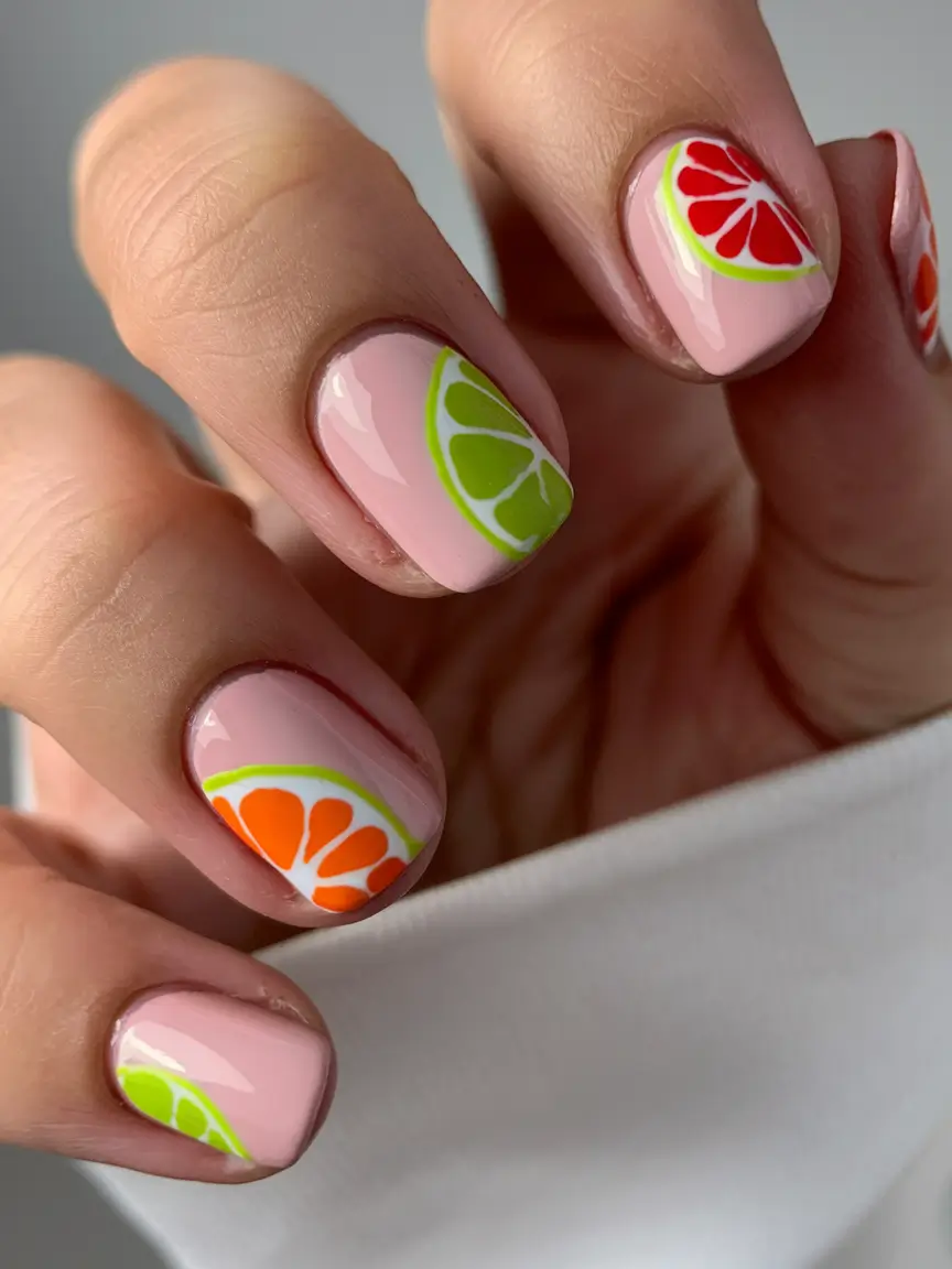 tropical fruit nails Citrus Slices on a Soft Nude Canvas