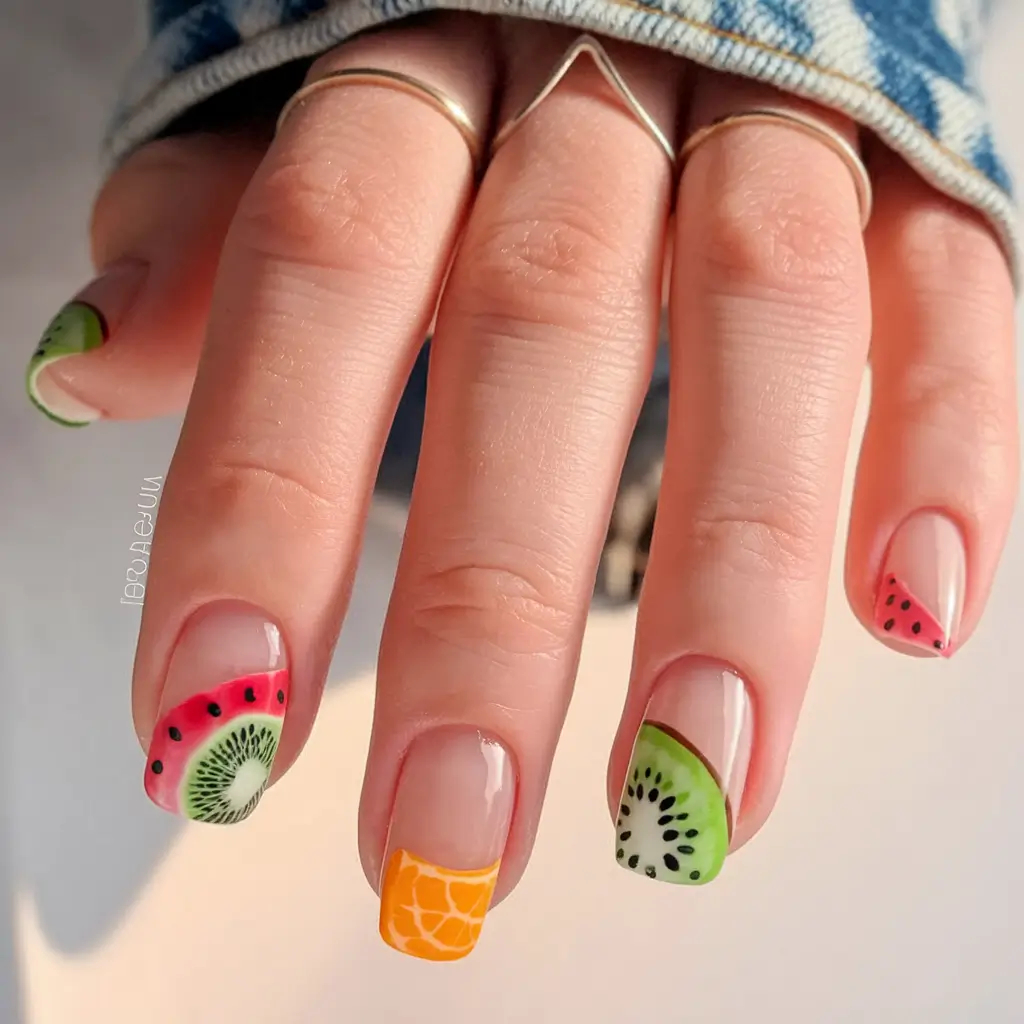 tropical fruit nails Glossy Fruit French Tips in Micro Detail