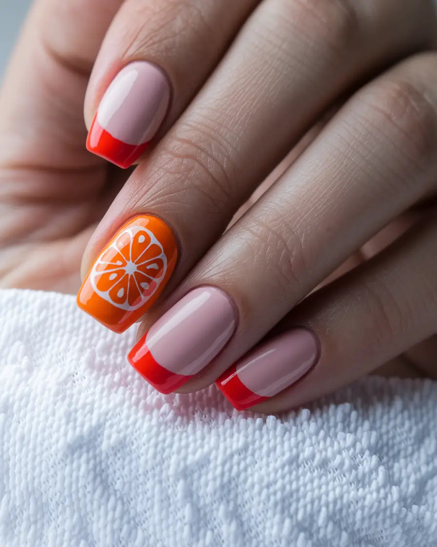 tropical fruit nails French Tip with a Zesty Twist