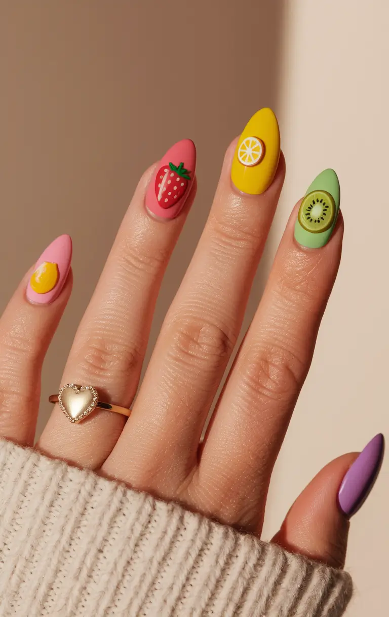 tropical fruit nails Bold Fruit Emblems on Color-Blocked Tips