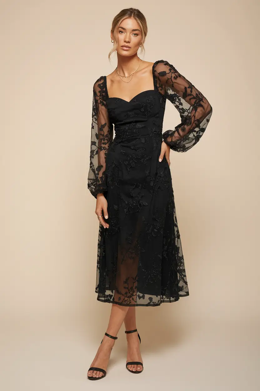 fall-wedding-guest-dress-cocktail-attire+Sheer Black Embroidery for Cocktail Chic