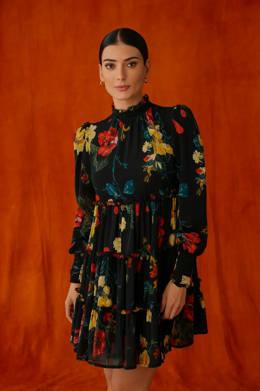 fall-wedding-guest-dress-cocktail-attire+Flirty Florals with a Hint of Drama