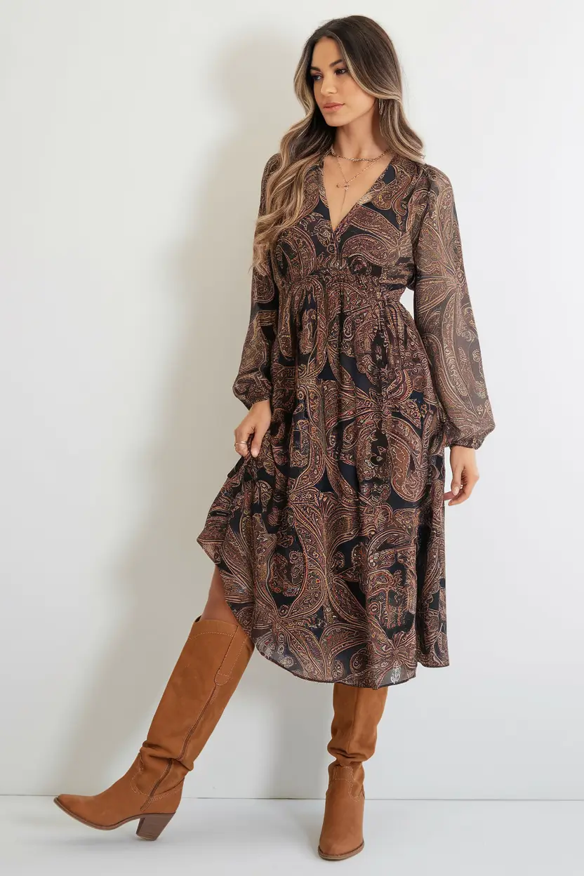 fall-wedding-guest-dress-with-boots+Paisley with a Western Whisper