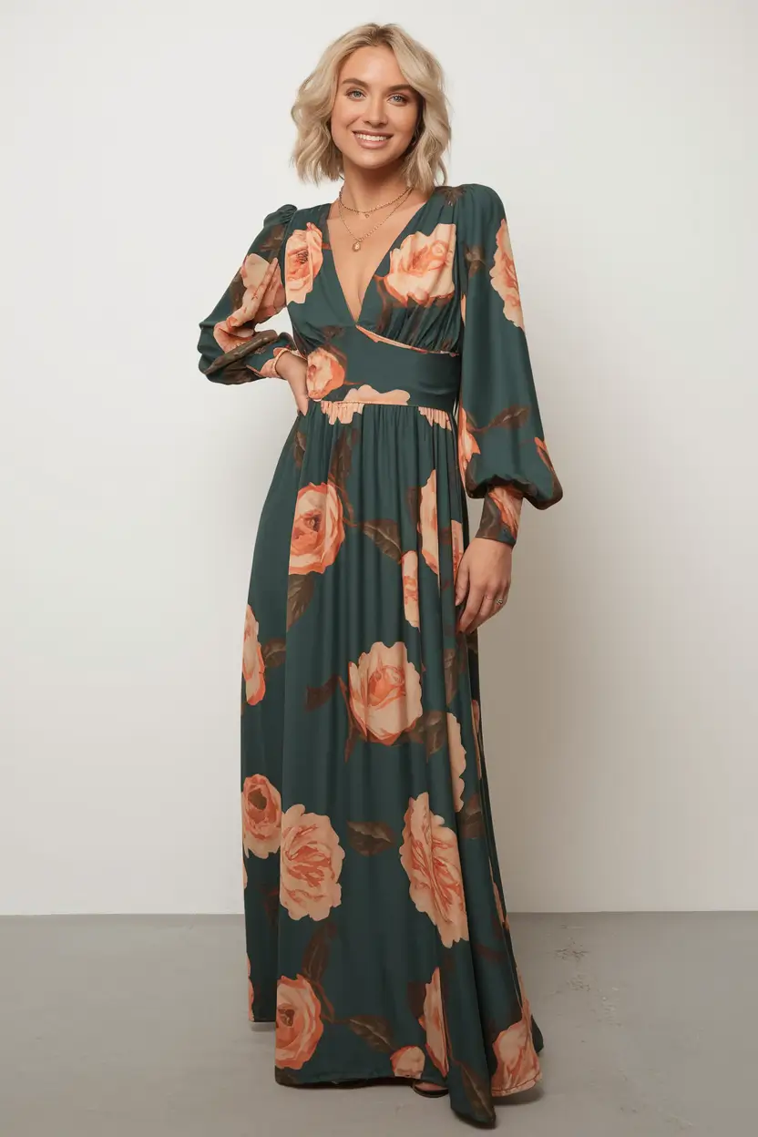 fall-wedding-guest-dress-september-formal+Botanical Prints with Evergreen Drama