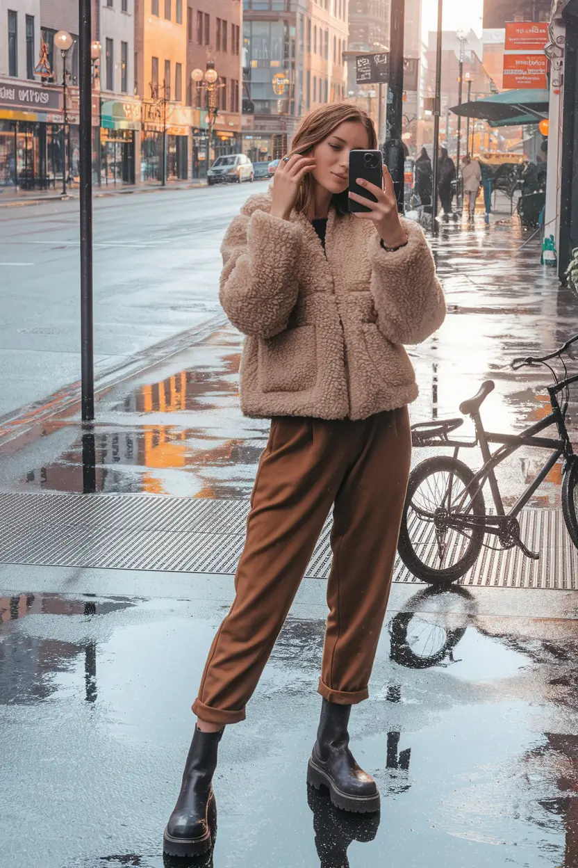 autumn outfits curvy Teddy Textures on Rainy Streets