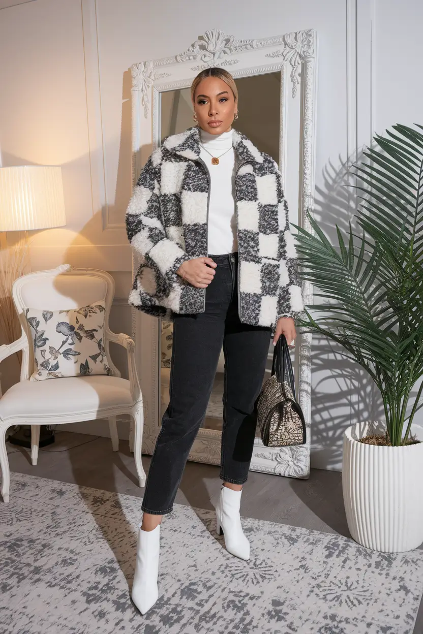 autumn outfits Checkerboard Coziness with Sharp Details