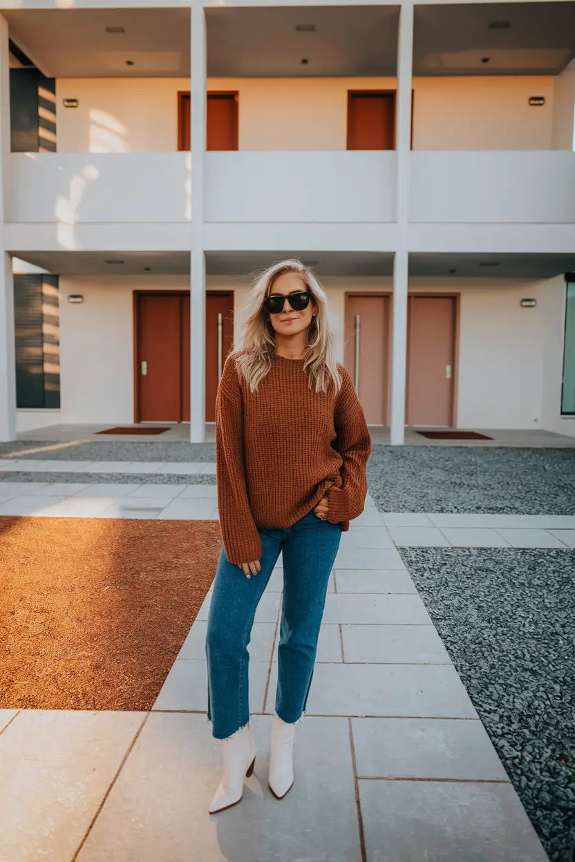 autumn outfits 2025 trends Rust Knit & White Boot Energy