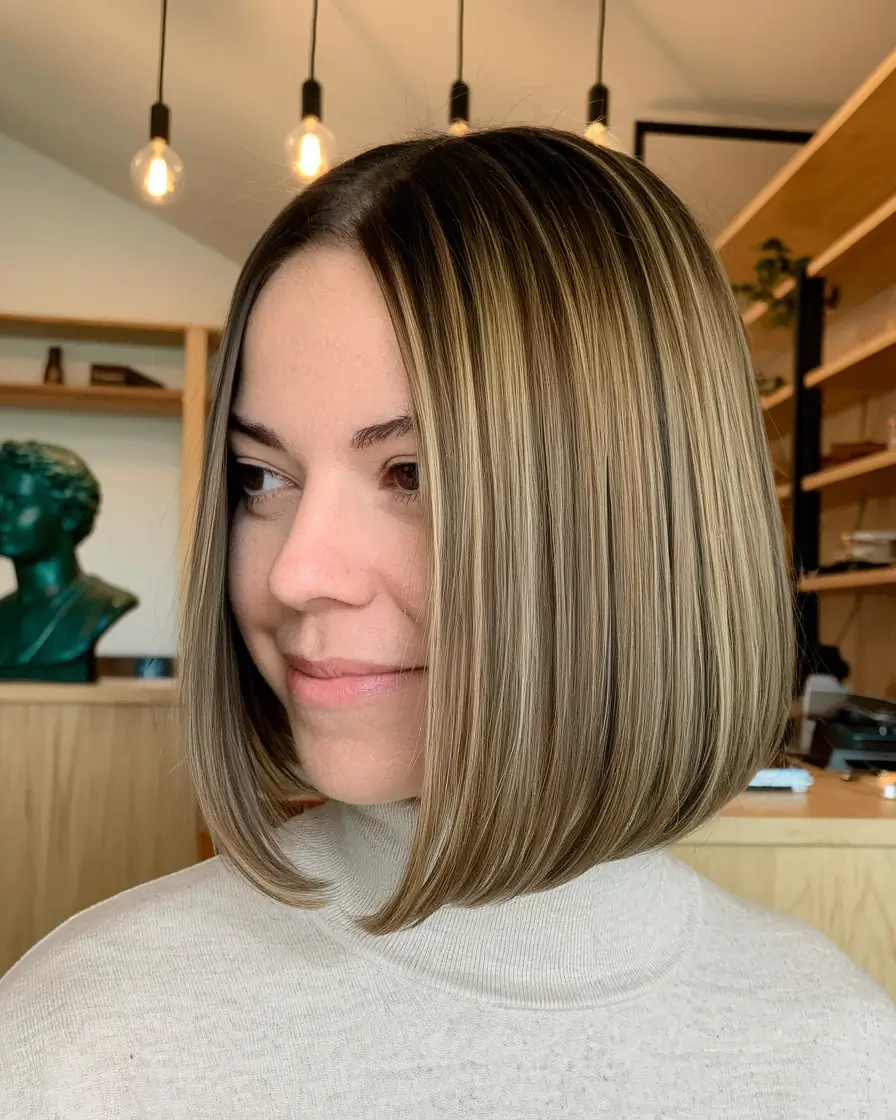 fall brown hair color sleek bob with bold beige money piece