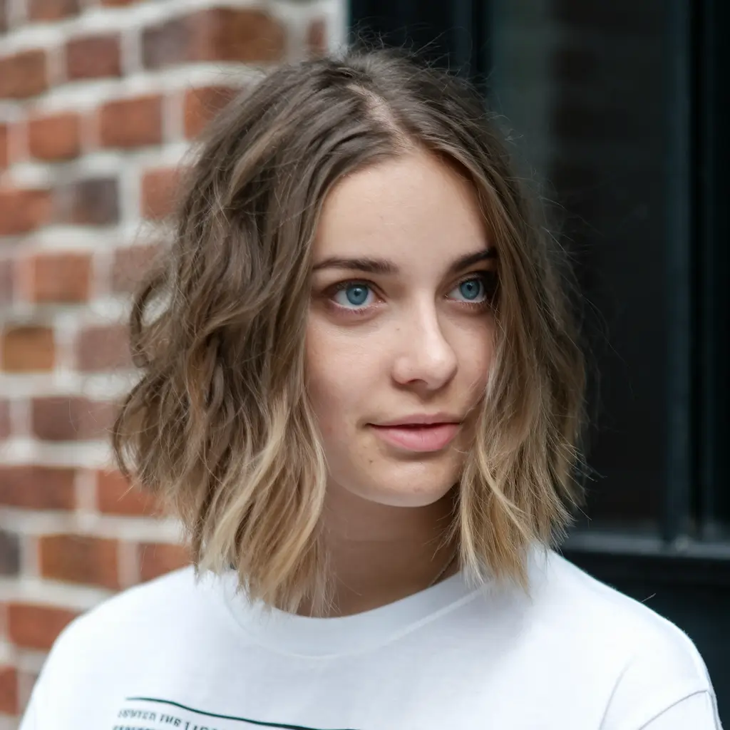 fall brown hair color 2025+Wavy Lob with Subtle Blonde Ends
