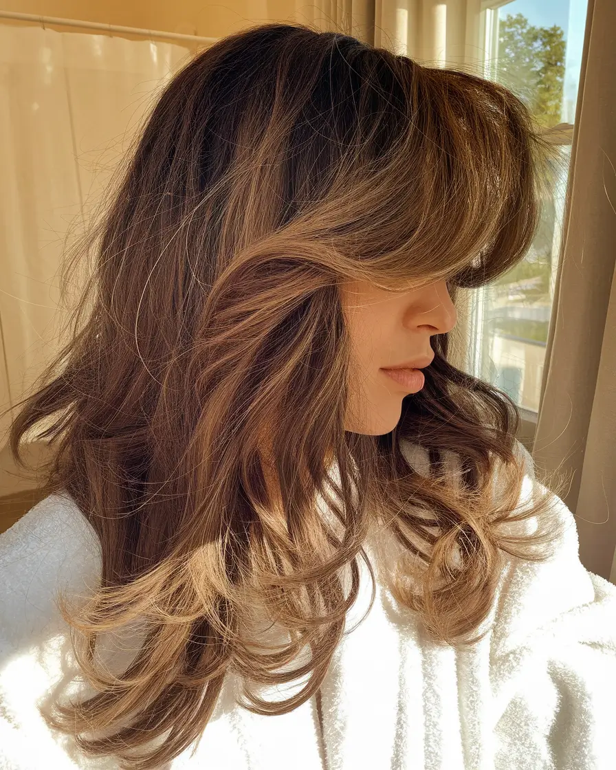 fall brown hair color chocolate swirl blowout with layered volume