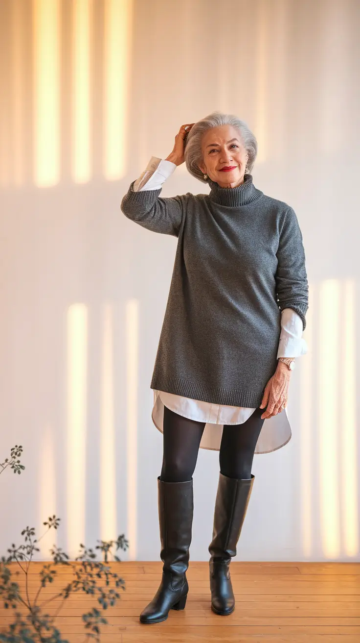 fall outfits women over 60 classy Sleek Sweater-Dress with Knee-High Boots