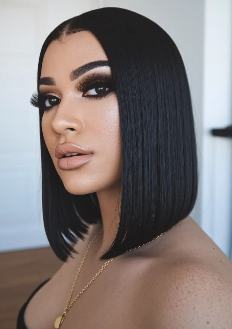 fall hair colors for cool skin tones Jet Black Glass Bob with Contour Cut