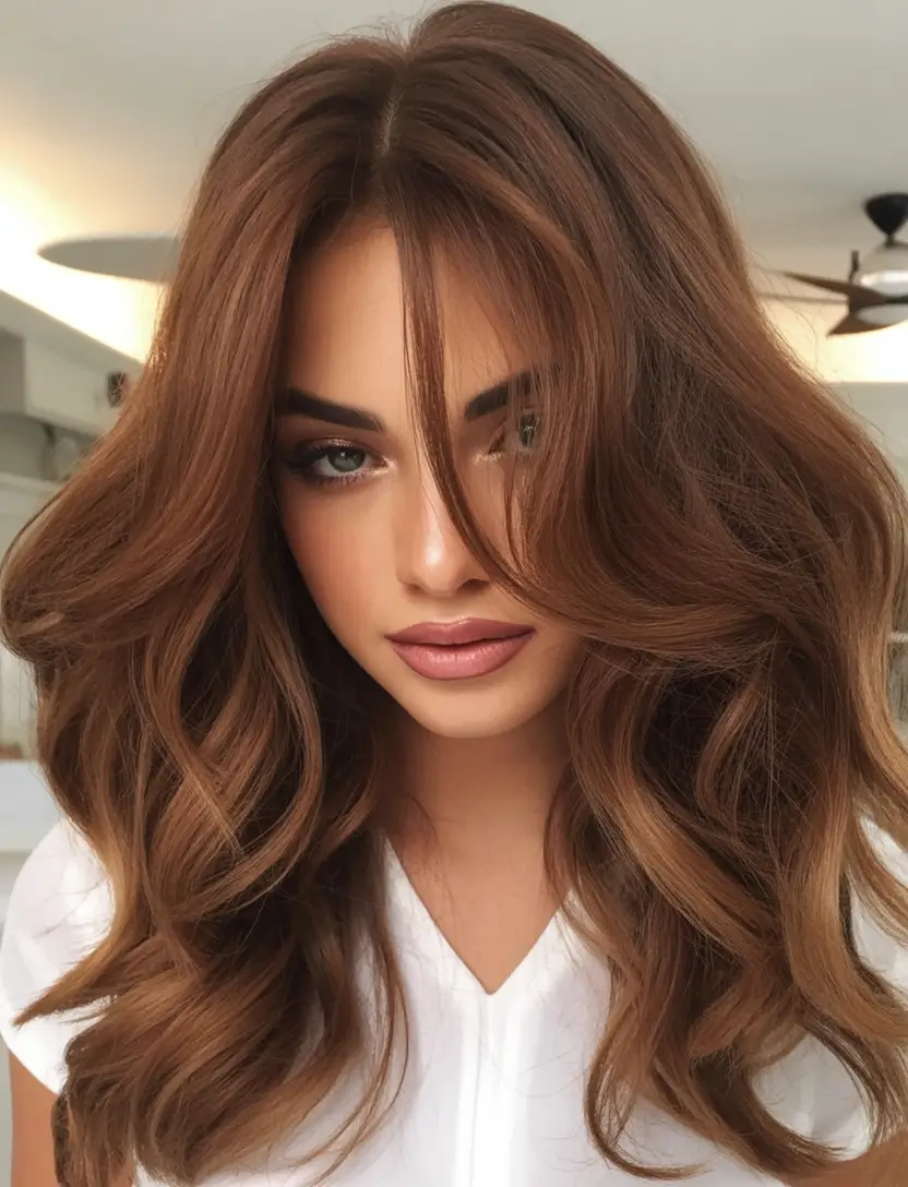 fall hair colors for cool skin tones Rich Hazelnut Layers with Curtain Bangs