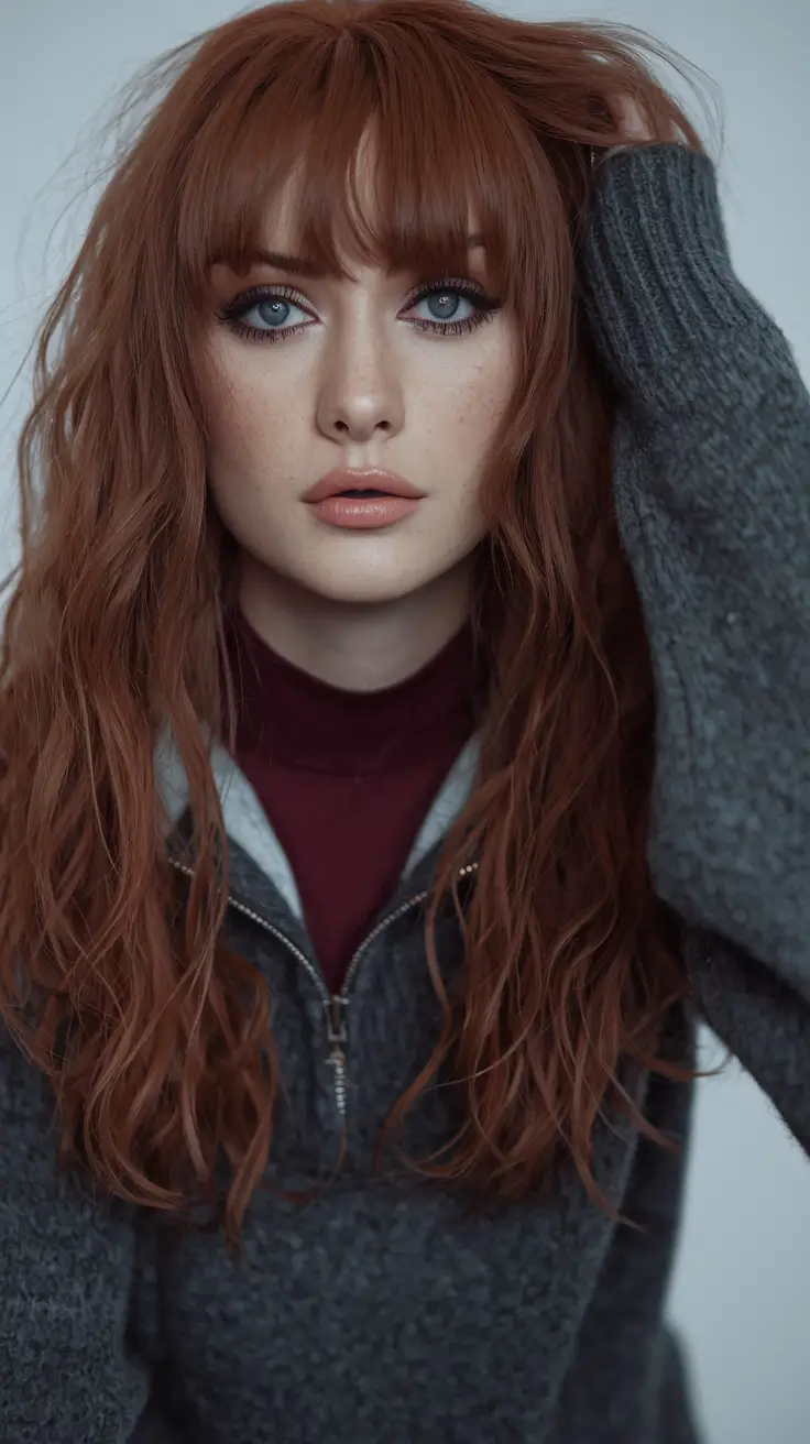 fall hair colors for cool skin tones Long Rusty Waves with Full Bangs