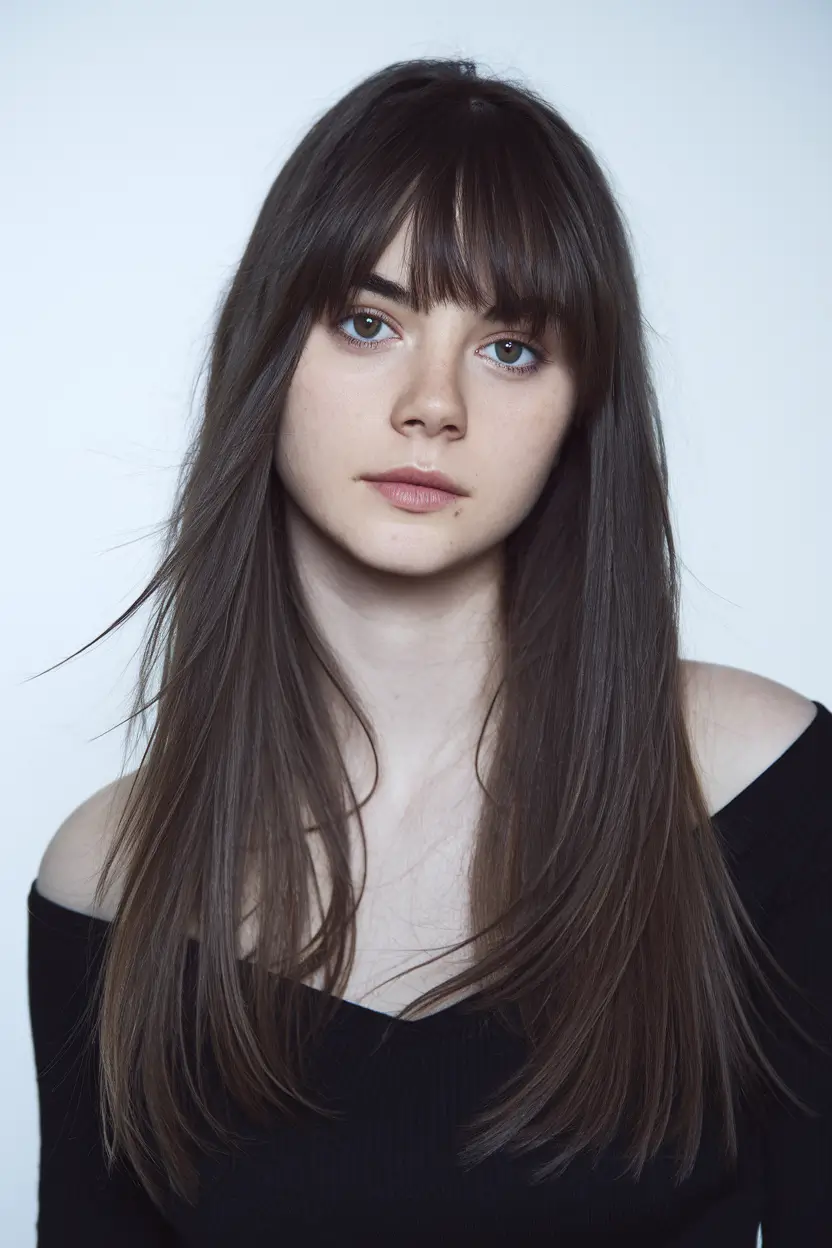 fall hair colors for cool skin tones Cool Espresso Brown with Wispy Bangs