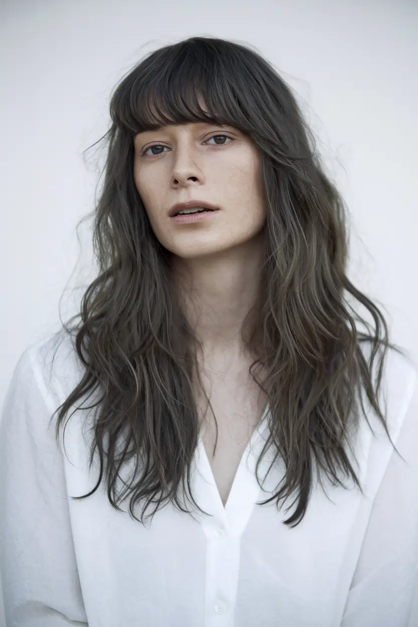 fall hair colors for cool skin tones Soft Ash Brown Waves with Full Fringe