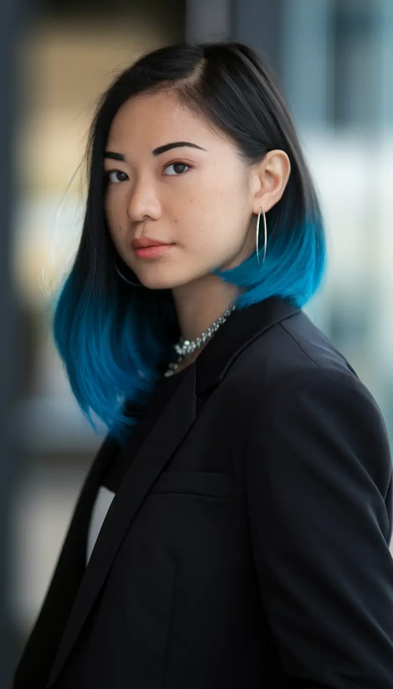 fall hair colors for cool skin tones Electric Teal Dip Dye with Precision Cut