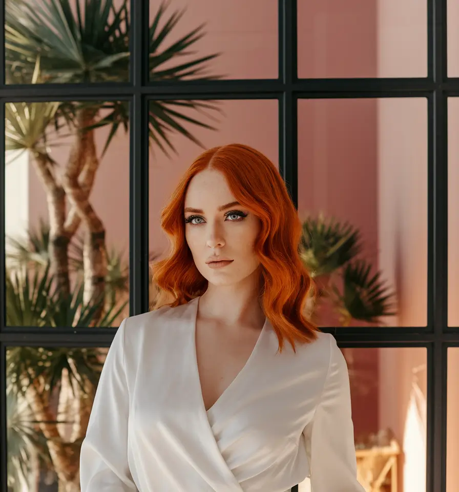 fall haircuts 2025 medium round face Retro Ginger Waves with Cinematic Flair