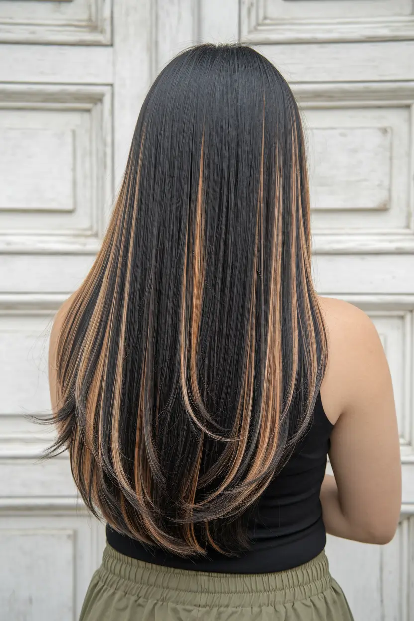 fall haircuts for long hair Honey-Caramel Ribbons on Midnight Length