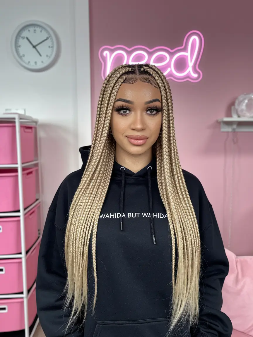2025 long with bangs Buttery Box Braids with Flawless Center Part