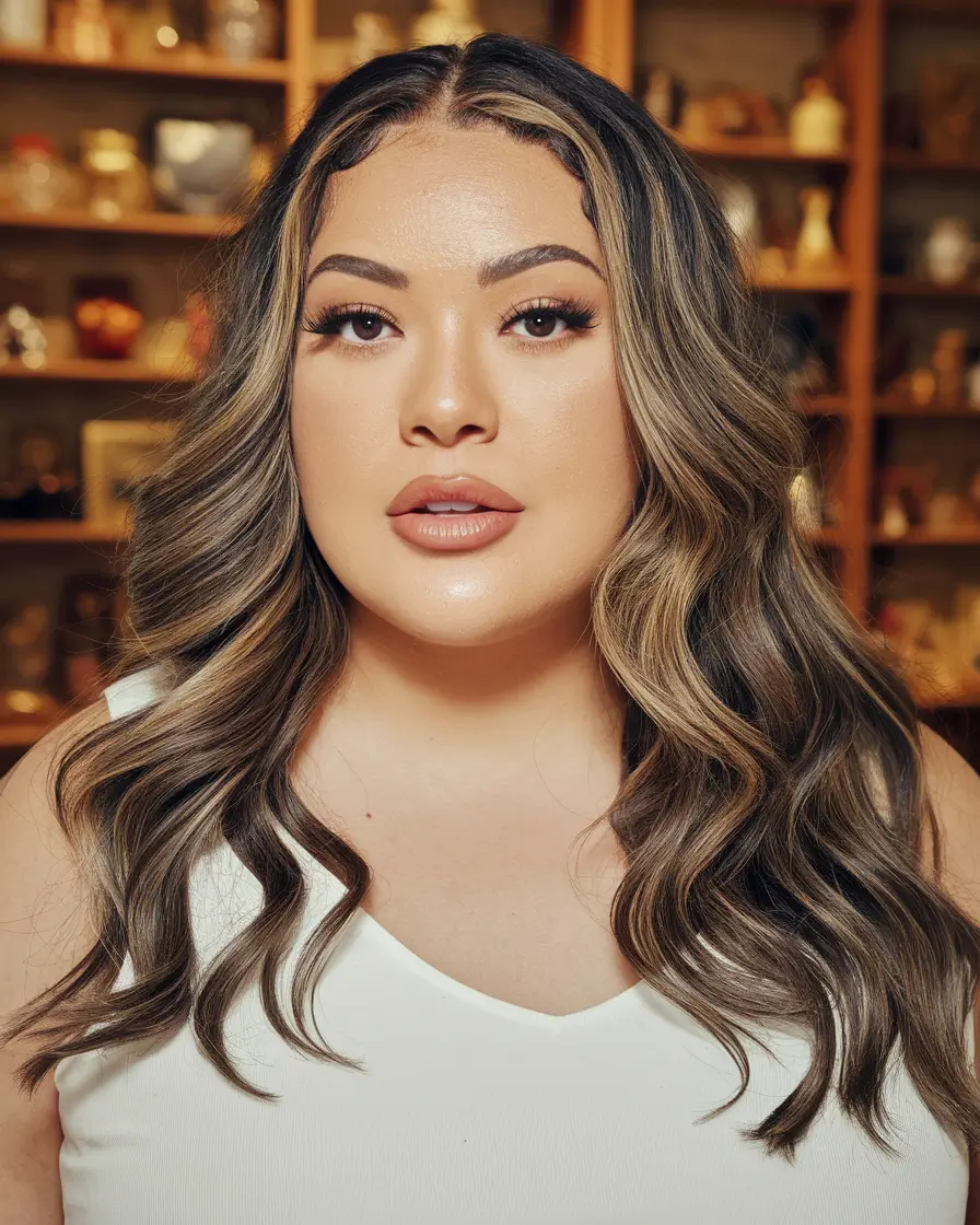 Fall haircut plus size women Voluminous Glam Waves With Dimensional Color