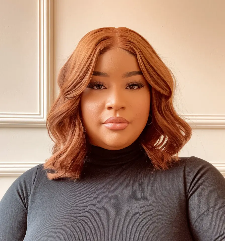 Fall haircut plus size women Warm Auburn Lob with Loose Waves