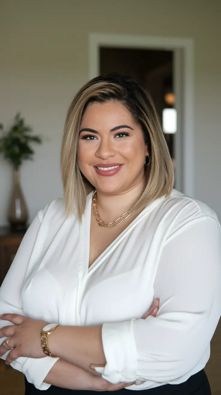 Fall haircut plus size women Chin-Length Sleek Bob with Bold Blonde