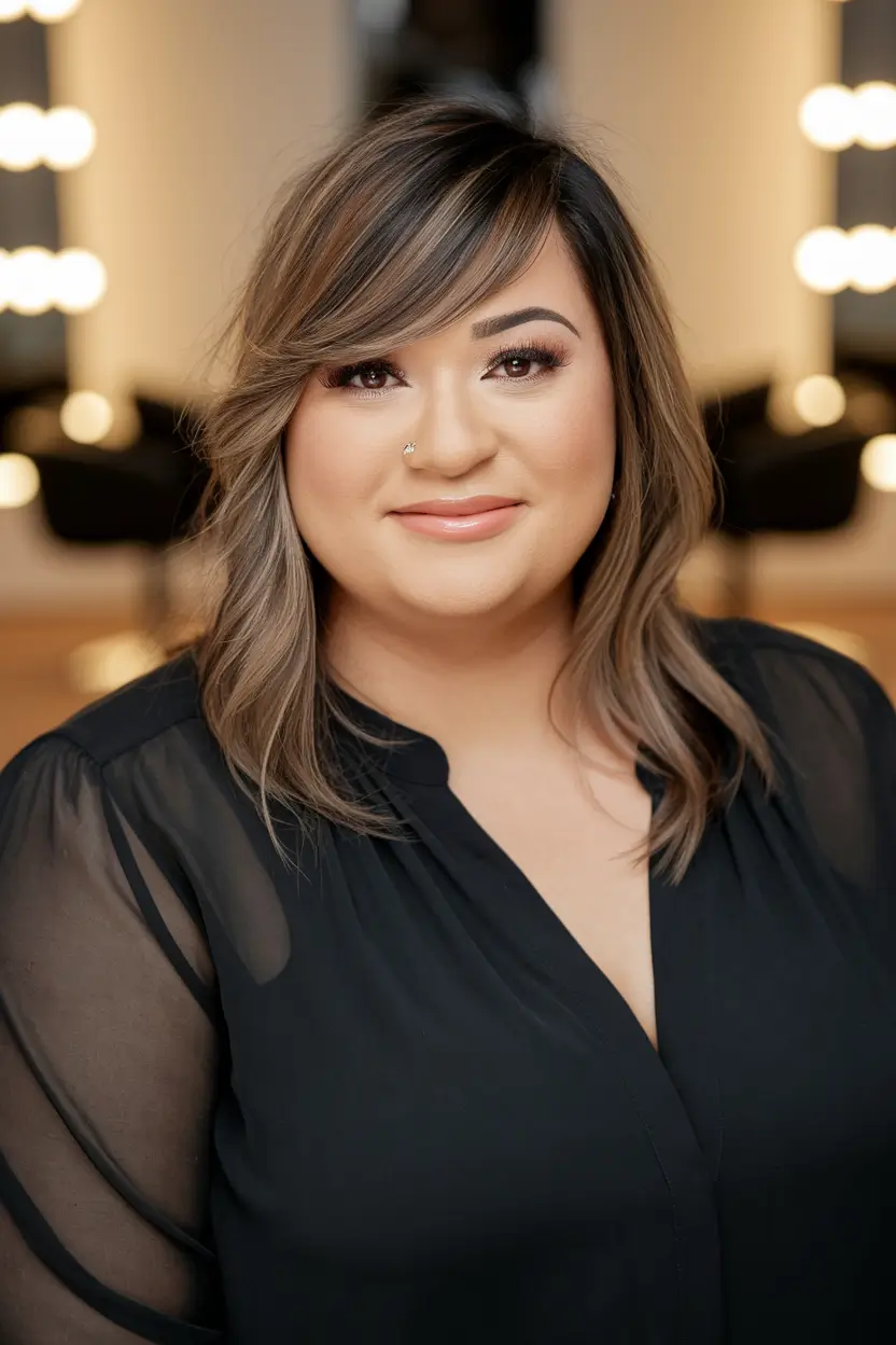 Fall haircut plus size women Side-Swept Layers with Soft Blonde Balayage