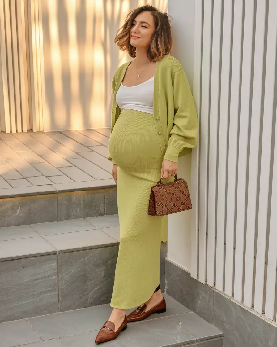 fall outfits for pregnant women dresses Muted Lime Set With Sleek Accessories