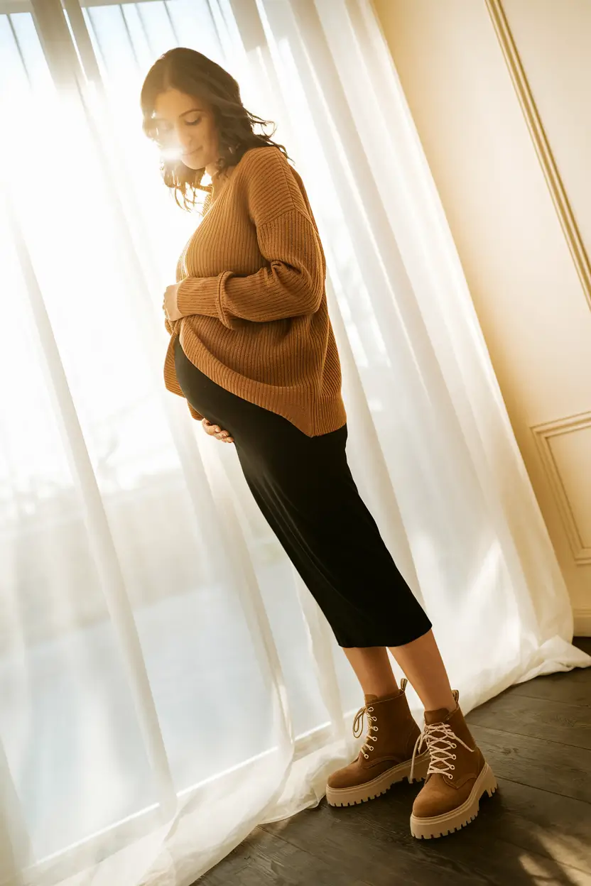 fall outfits for pregnant women 2025 Effortless Sweater and Skirt Combo