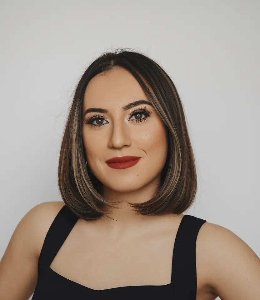 dark brown fall hair colors Glossy Brunette Bob with Soft Ash Ribbons
