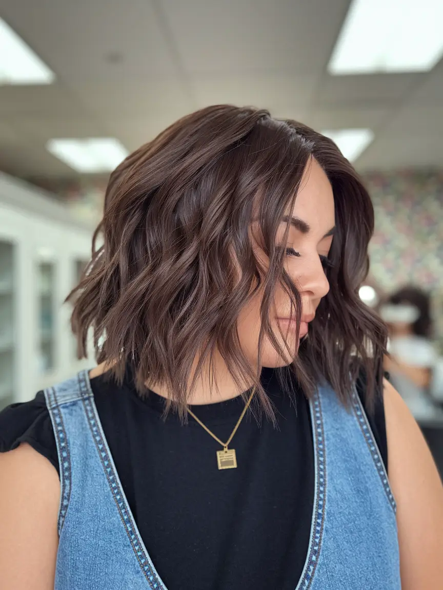 dark brown fall hair colors Choppy Espresso Lob with Natural Movement