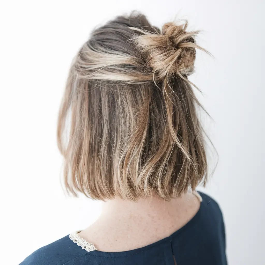 easy fall hairstyles 2025 Mini Half-Up Bun for Short to Medium Hair