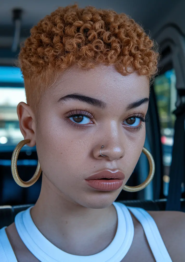 short hairstyle fall color Voluminous Afro Taper with Warm Auburn Tones
