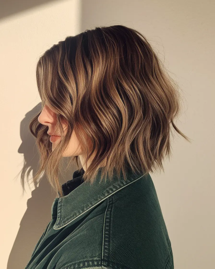 medium fall hairstyle short hair Textured Wavy Lob With Warm Dimensions