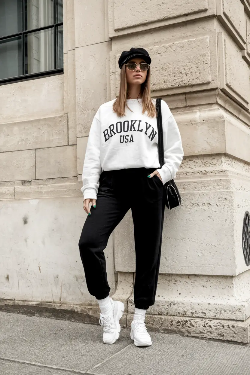simple casual fall outfits 2025 Sporty Sweatshirt and Black Jogger Cool