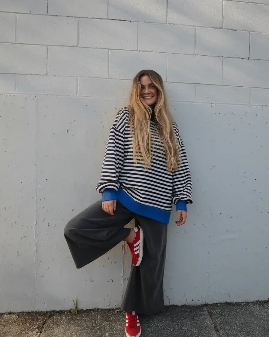 simple casual fall outfits 2025 Playful Stripes and Power Red Kicks