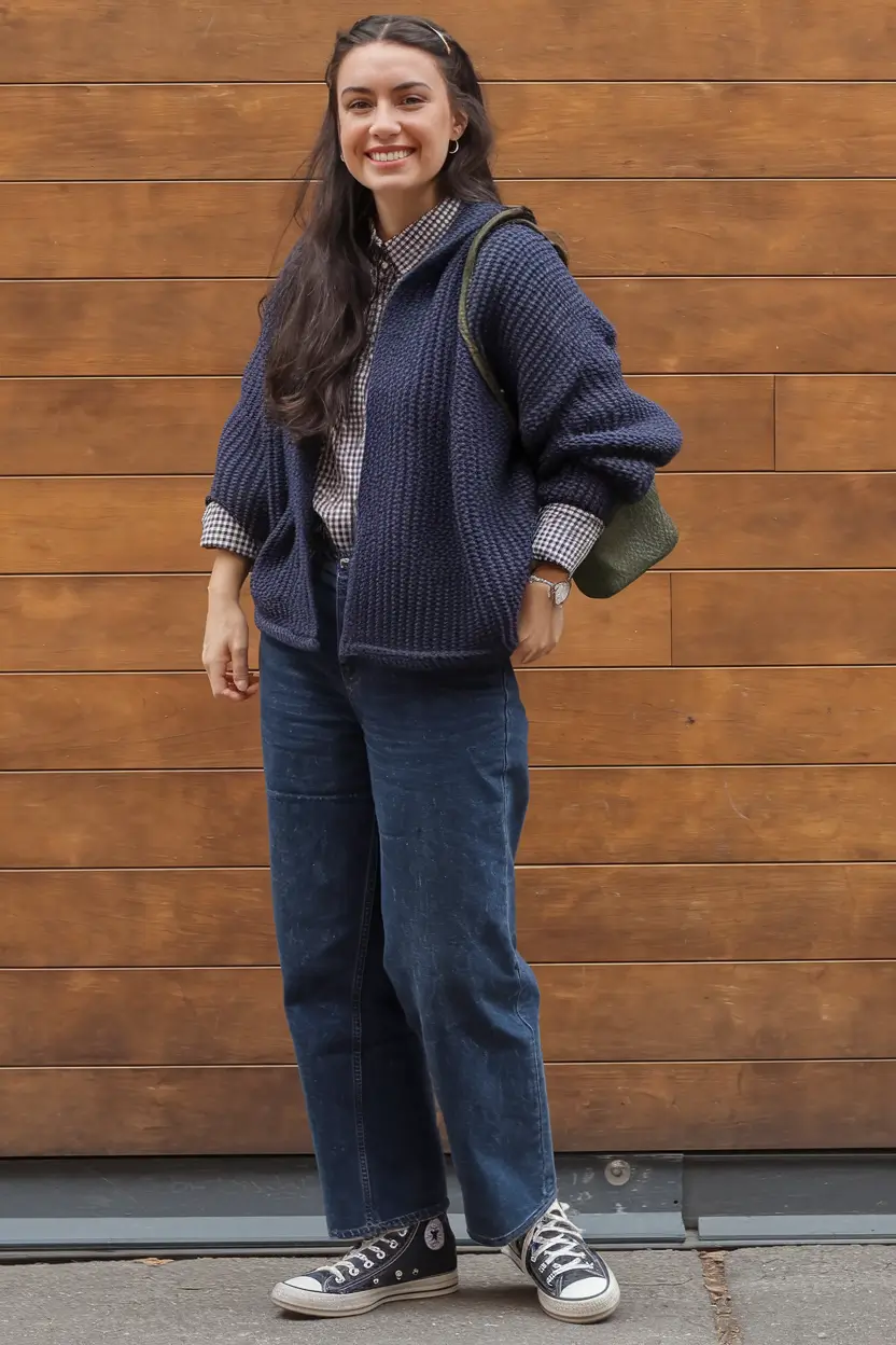 simple casual fall outfits 2025 Gingham and Navy for the Nostalgic Minimalist
