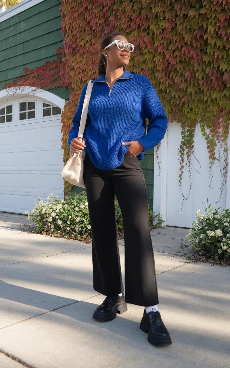 simple casual fall outfits 2025 Bold Blue and Wide-Leg Black for Everyday Luxe