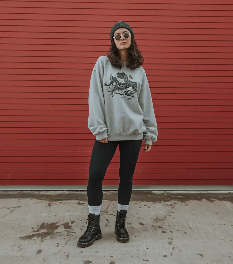simple casual fall outfits 2025 Graphic Sweatshirt and Combat Boots Energy