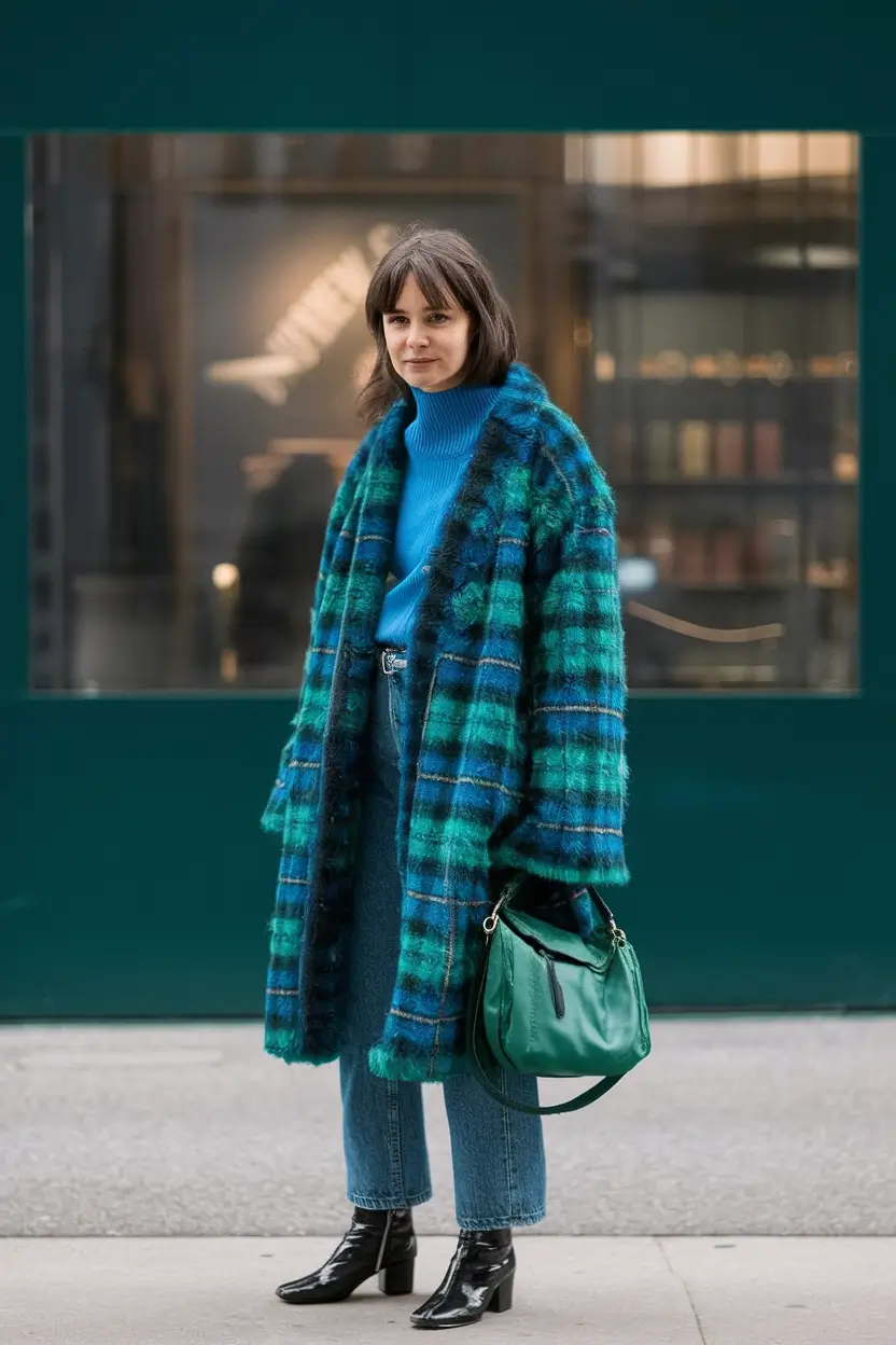 simple casual fall outfits 2025 Teal Plaid Drama with a Retro Kick