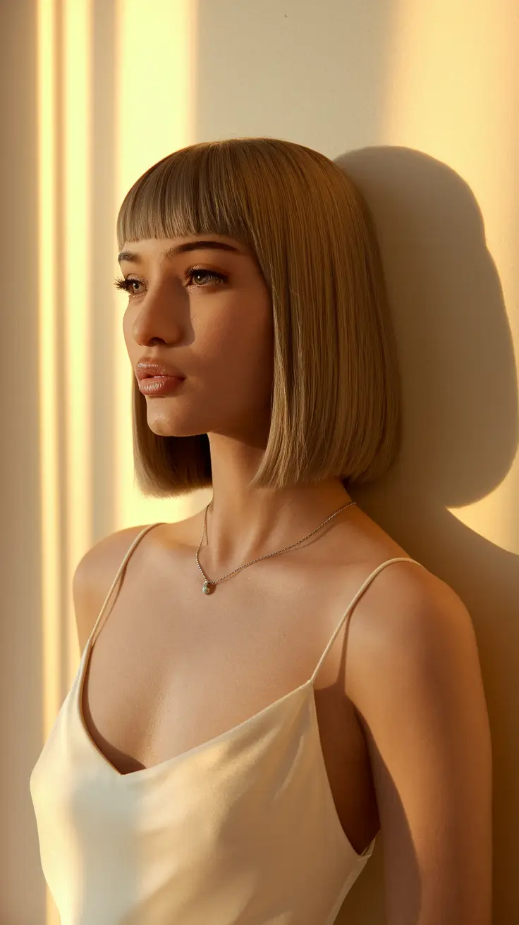 Fall 2025 Bob Haircuts Inspo for Women Honey-Cool Blunt Bob with Micro Fringe