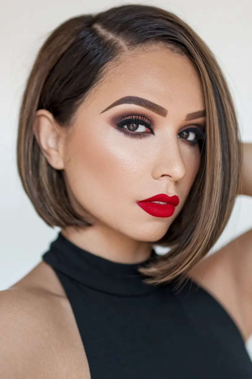 Fall 2025 Bob Haircuts Inspo for Women Chiseled Bob with Luxe Side Part and Caramel Balayage