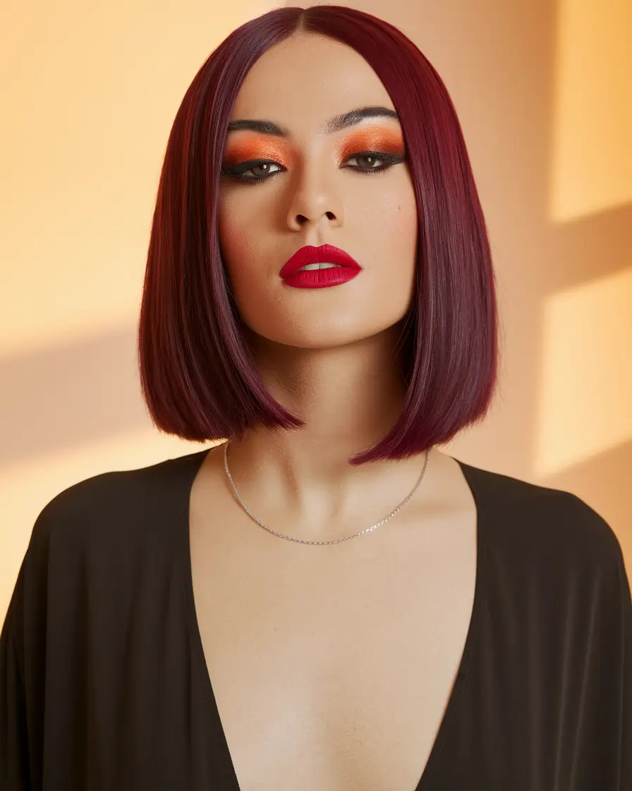 Fall 2025 Bob Haircuts Inspo for Women Plum Red Power Bob with Fall Fire