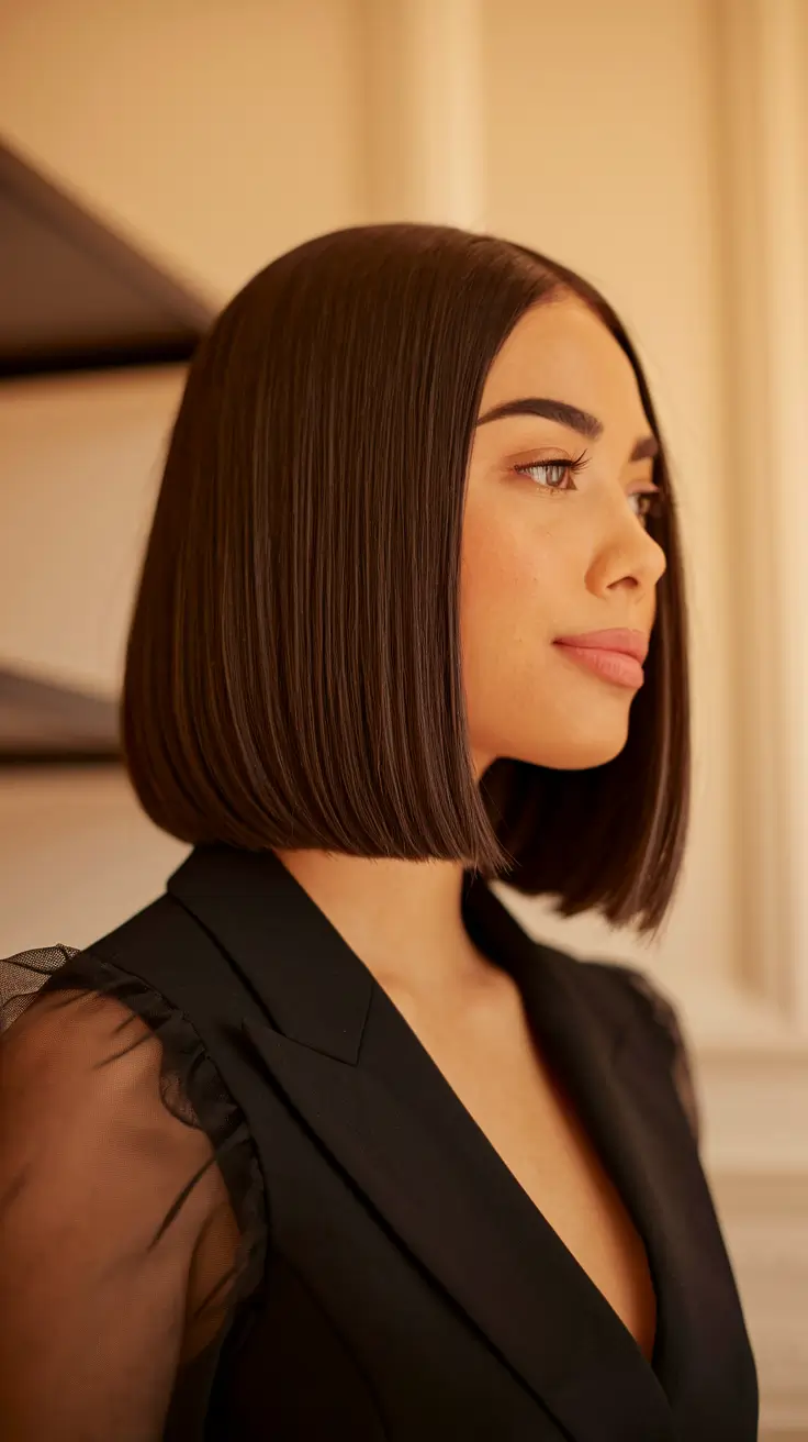 Fall 2025 Bob Haircuts Inspo for Women Classic Jet Brown Sleek Bob with Perfect Polish