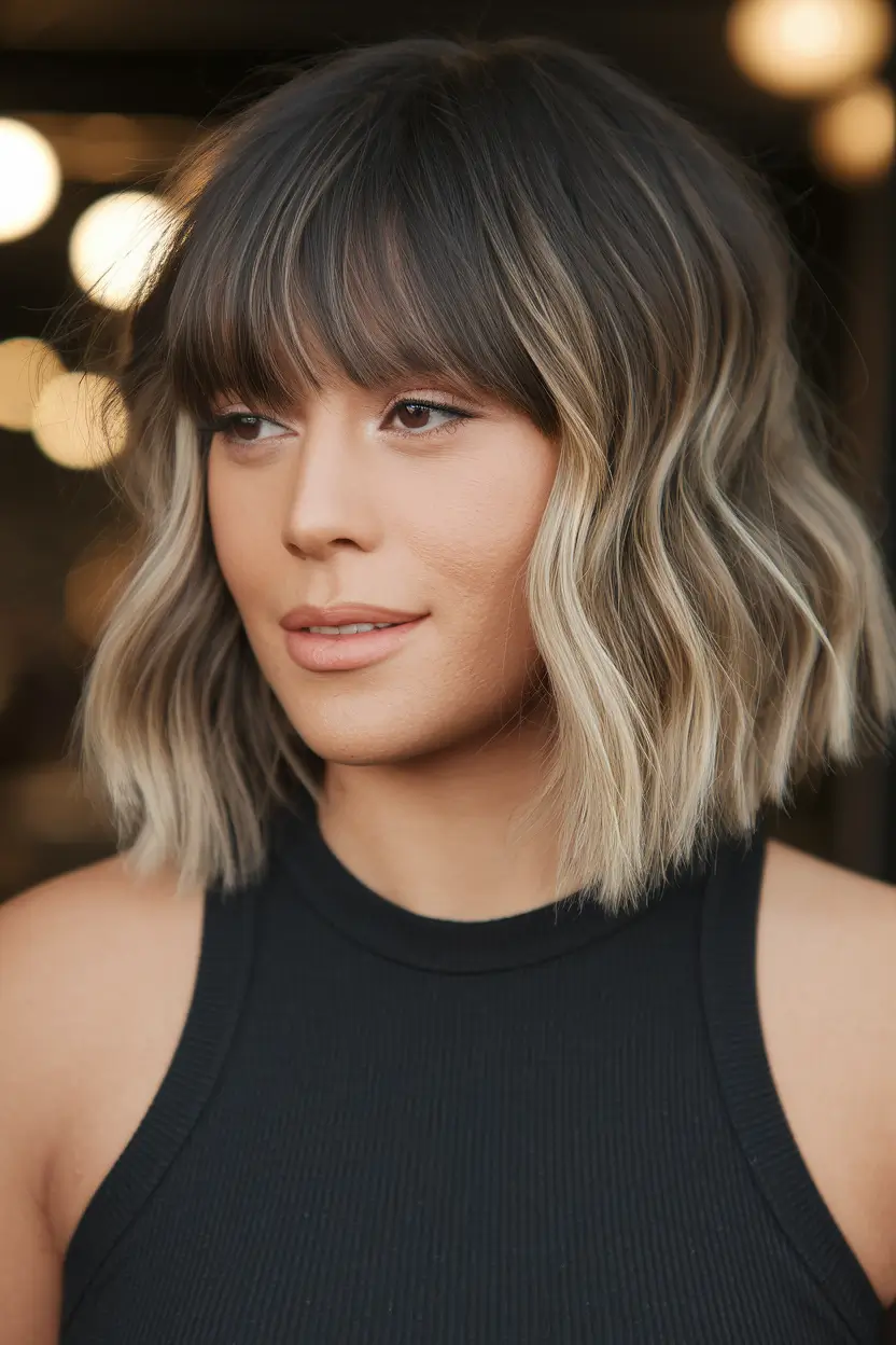 fall bob haircut Textured Waves with Curtain Bangs