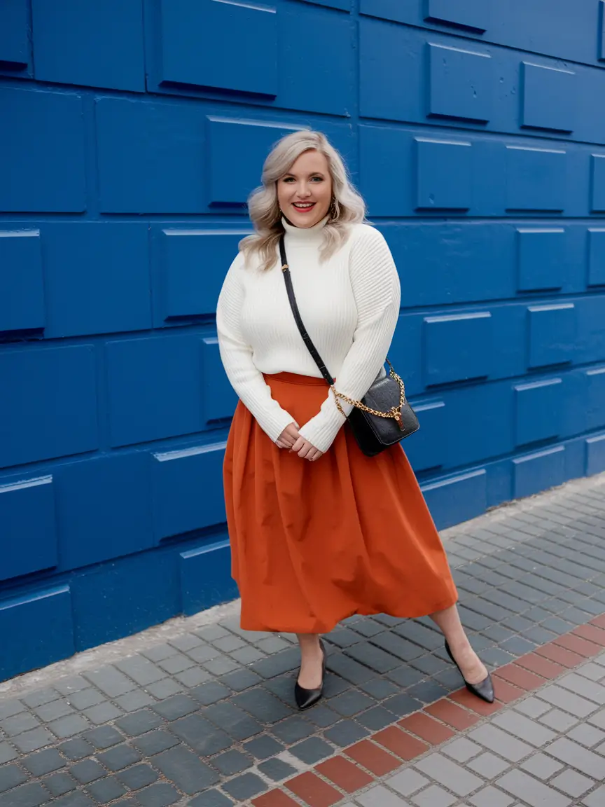 fall plus size capsule wardrobe 2025 Sweater + Skirt: Fall’s Most Romantic Duo