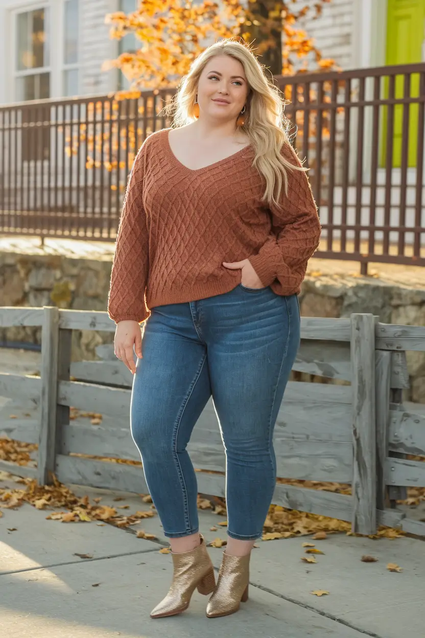 fall plus size capsule wardrobe 2025 Textured Basics: Cozy Sweaters & Statement Boots