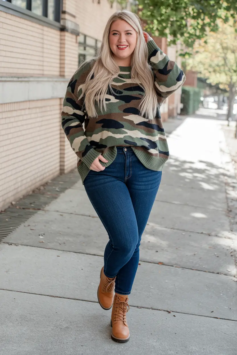 fall plus size capsule wardrobe 2025 Cozy Camo: Off-Duty Style, On Point
